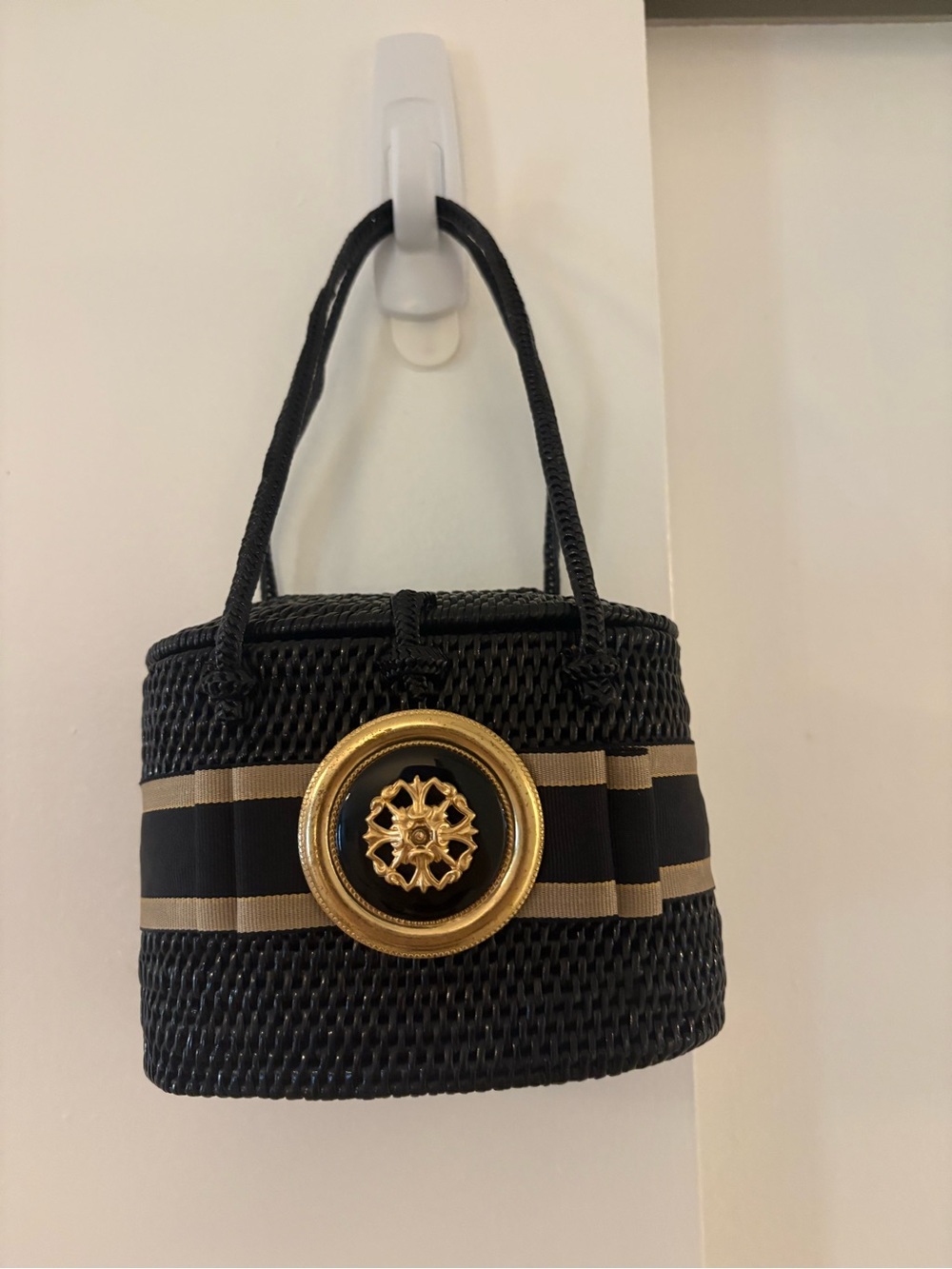 Black Woven Mini Bag with Gold Medallion and Tan Stripe